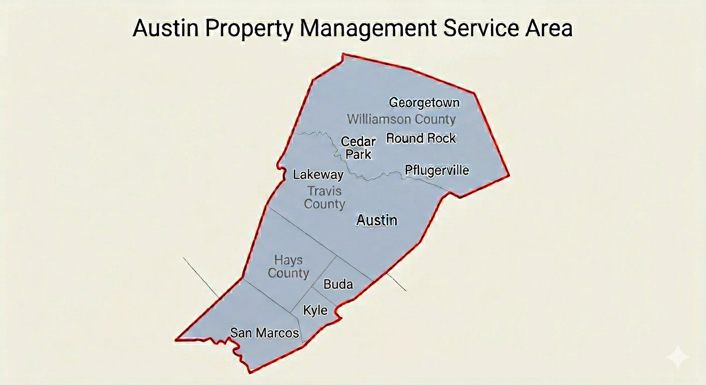 Austin property management company service area map Travis Hays Williamson counties